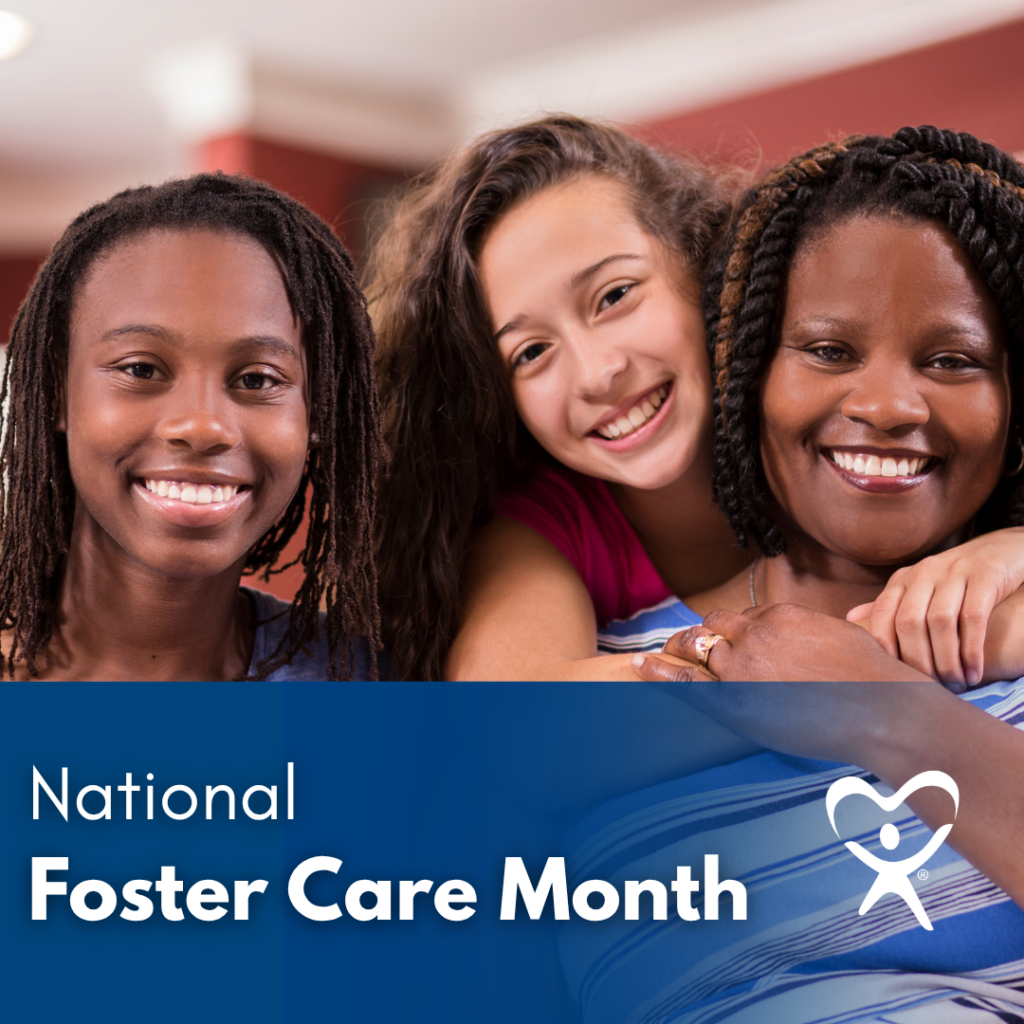 Family of three posed together for National Foster Care Month